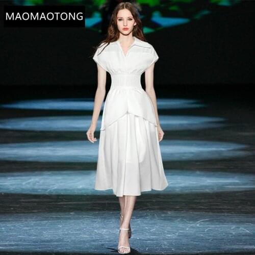 Fashion Designer Summer Elegant White Dress Women V-neck Short Sleeve Ruffles Office Lacy Casual Midi Dress