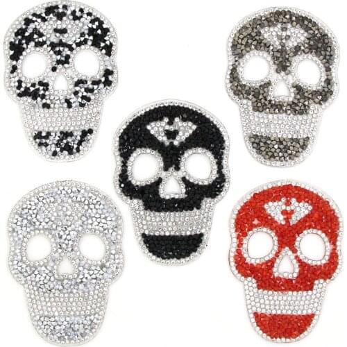 6x8.5cm Skull Rhinestone Patches For Clothes DIY Hot Fix Rhinestone Patches 5 Color Skull Clothing Stickers Applique For Cap,Bag