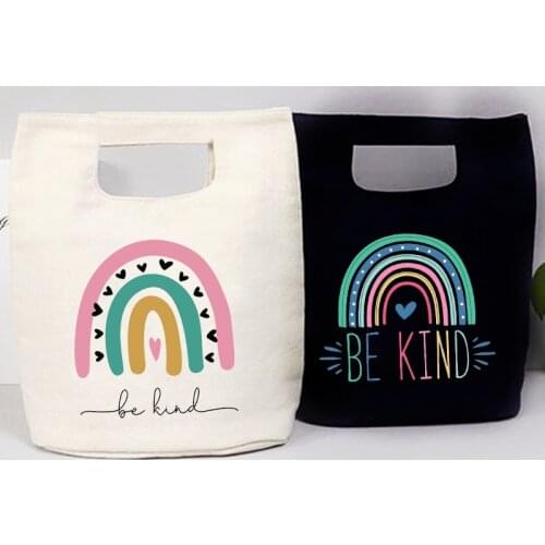 Be Kind Rainbow Print Cooler Lunch Bags Picnic Kids Women Travel Thermal Breakfast Organizer Insulated Storage Pouch Bento Totes
