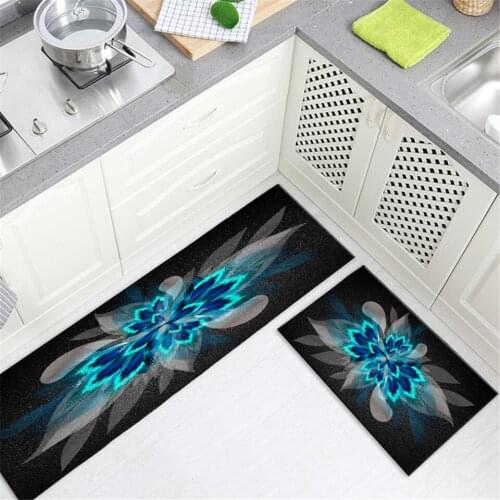 Black Kitchen Long Mat With Green Feather Flower Non-slip Flannel Mat For Balcony Doormat Washable Decoration On The Front Door