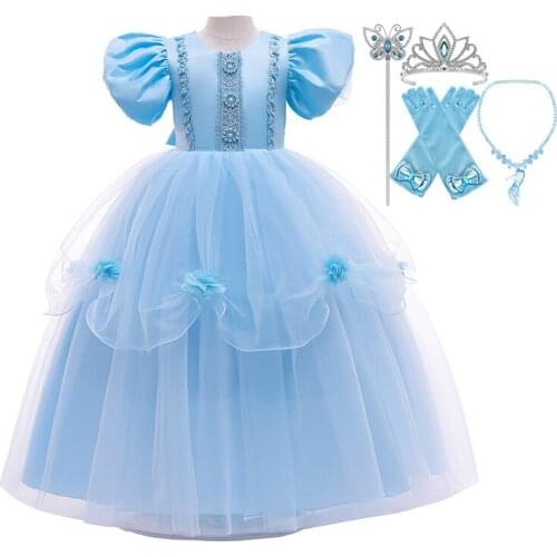 Blue Girls Cinderella Costume For Kids Christmas Cosplay Princess Long Dress Sets Dance Clothing With Grown Gloves Wands 3-10 T