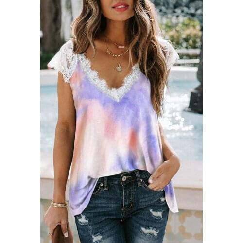 Purple Lace Splicing V Neck Short Sleeve Tie-dye Top Casual Summer Patchwork V-neck Tops for Women Short Sleeve Tees