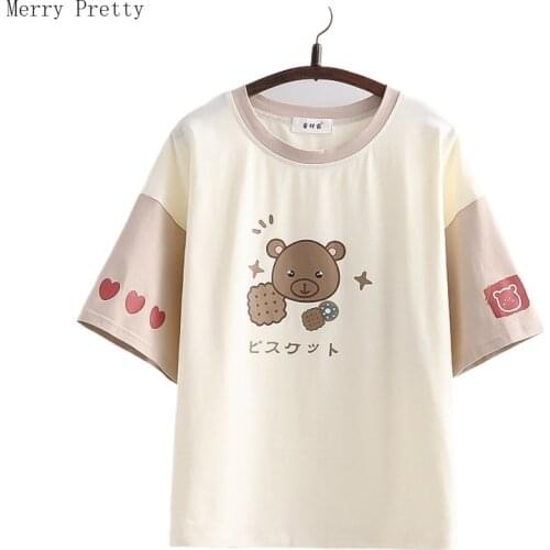 Harajuku Cartoon Bear Print Cotton T-Shirts Women 2021 Summer Short Sleeve O-neck Female Sweet Style Kawaii Cute Graphic Tops