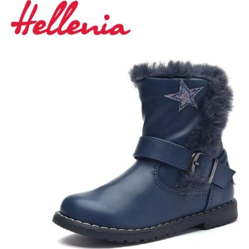 Hellenia Toddler kids boots girls eco Leather Shoes short plush lining ankle Boot boys with stars spring Autumn blue size 22-27