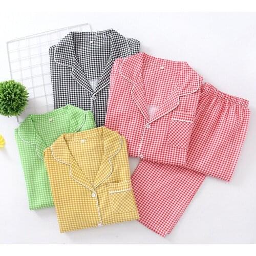 Cotton Double-layer Gauze Pajamas Set for Lovers of Men Women 4 Seasons Thin Lapel Long-sleeved Trousers Couples Pyjama Homme