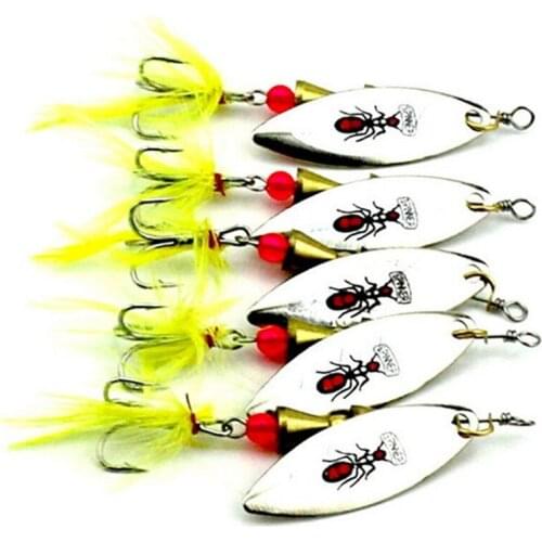 KKWEZVA 5PCS 5.5G 7CM feather Strong noise Insect pattern Fishing bait Fishing Tackle Spoon Lures Metal Lure Fishing Lure