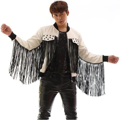 Black white patchwork tassel leather jacket men rivets coat clothes jaqueta de chaqueta cuero hombre korean singer dance stage