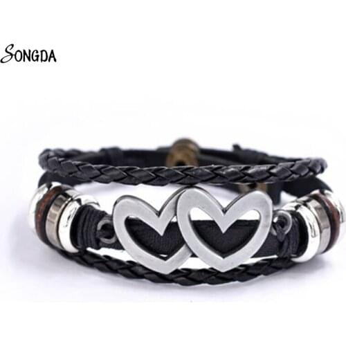 Fashion Vintage Double love Leather Bracelets for Couples Men and Women Charm Metal Multilayer Braided Rope Bangles Goth Jewelry