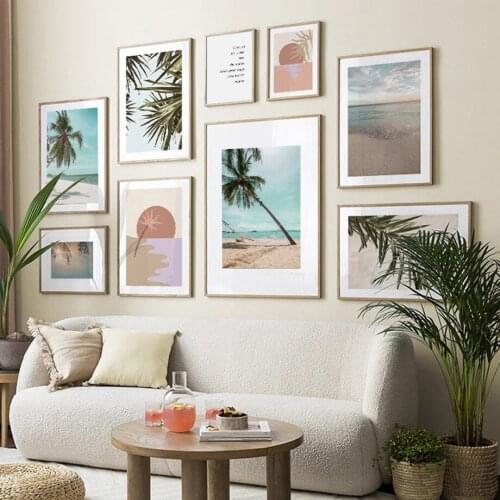 Summer Palm Leaf Bay Calm Beach Coconut Tree Sunrise Wall Art Print Canvas Painting Nordic Poster Decor Pictures For Living Room