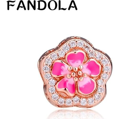 Genuine 925 Sterling Silver Sparkling Peach Blossom Flower Charms Beads Fits Bracelets Necklaces Women DIY Jewelry Wholesale