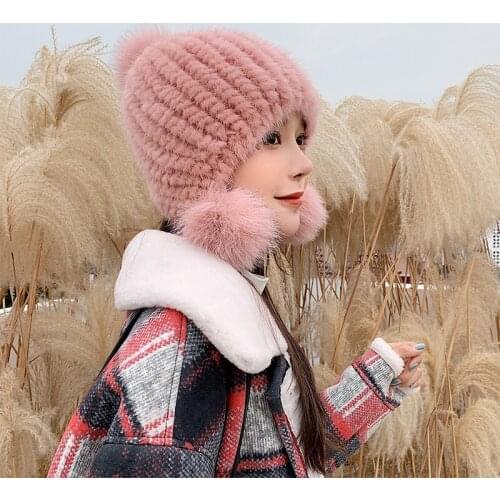 2021 New Real Mink Fur Hat Furry Ear Protection Beanie Winter Warm Female Hat Fashion Knitted Hat