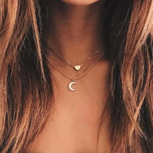 New Fashion Jewelry Moon Heart Necklace Double Layer Necklace Pendants Choker Necklace For Women Wholesale Jewelry Gift
