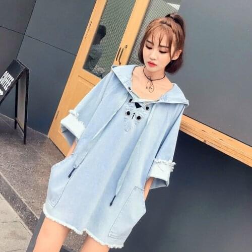 Korean Style Casual Dresses For Women 2020 Denim Loose Hoodie Dress Mid Long Mori Girl Harajuku Jean Dresses Women 2020 AA5326