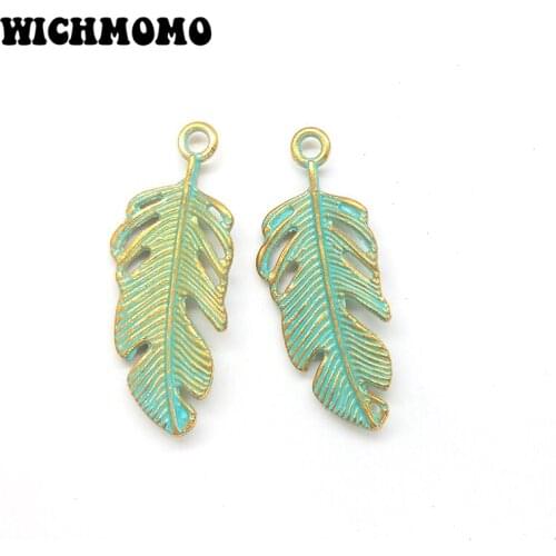10pcs/bag 38MM Patina Plated Zinc Alloy Green Feather Leaves Charms Pendants For DIY Jewelry Accessories
