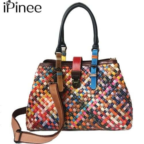 IPinee Genuine Leather Luxury Handbags Women Designer Hand Bag Female Retro Colourful Totes Weave Crossbody Bags For Lady