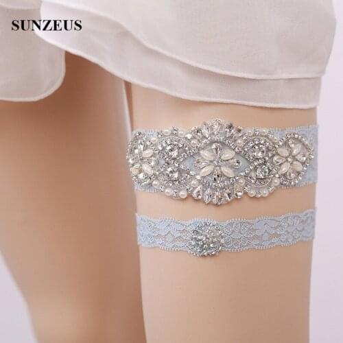 Luxury Crystal Beaded Blue Lace Bridal Garter Wedding Garter Sexy Leg Belt Bridal Wedding Accessories FI035