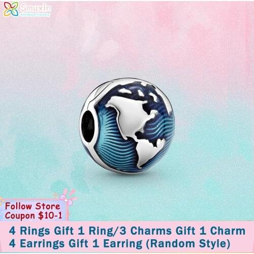 Smuxin 925 Sterling Silver Charm Blue Globe Clip Charm fit Original Pandora Bracelets for Women Jewelry Making Girl DIY Charms