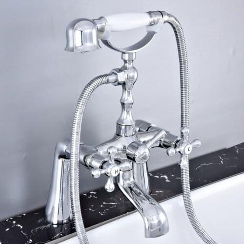Modern Silver Chrome Brass Deck Mounted Bathroom Tub Faucet Set with 1500MM Handheld Shower Spray Head Bath Mixer Tap 2tf771