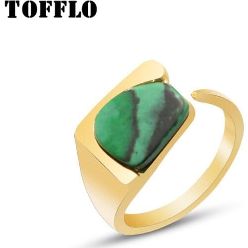 TOFFLO Stainless Steel Jewelry Natural Green Malachite Stone Ring Female Ring Open Index Ring Retro Elegant Ring BSA128