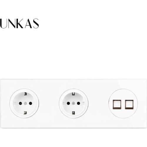 UNKAS 16A Double EU Standard Wall Socket +RJ45 Internet Computer Connector and RJ11 Telephone Jack 258MM*86MM Glass Panel Outlet