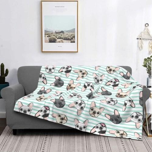 All The Frenchies Aqua Stripes Cute French Bulldog Dog Blankets Flannel Spring/Autumn Animal Soft Throw Blanket for Bed Bedroom