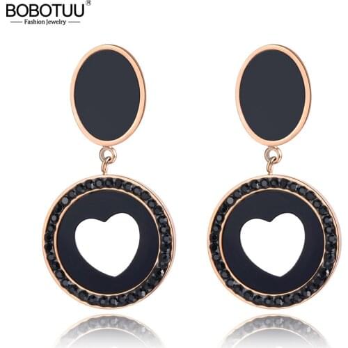 BOBOTUU White Shell & Black Acrylic Heart Love Stainless Steel Stud Earrings Rose Gold Rhinestone Ear Jewelry For Women BE19016