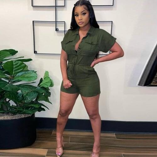 Army Green Women Slim Jumpsuit and Rompers Turn-down Collar Short Sleeve Sport Playsuit Active Wear Buttons Drawstring Outfits