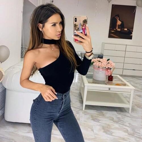 2020 Halter One Shoulder Sexy Bodysuit Women New Fashion 2019 Winter Spring Solid Bodycon Casual Long Sleeve Body