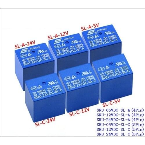 5pcs/Lot SONGLE Power Relay SRU-05VDC-SL-C / SRU-12VDC-SL-C / SRU-24VDC-SL-C 5Pin 5V 12V 24V 15A T70