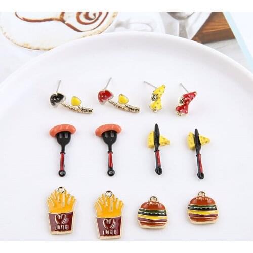 6pcs 2020 Hot Sale Knife and Fork Hot Dog Fries Mushroom Santa Claus Cute pendant Cartoon Earrings Zinc Alloy Food Trendy Women