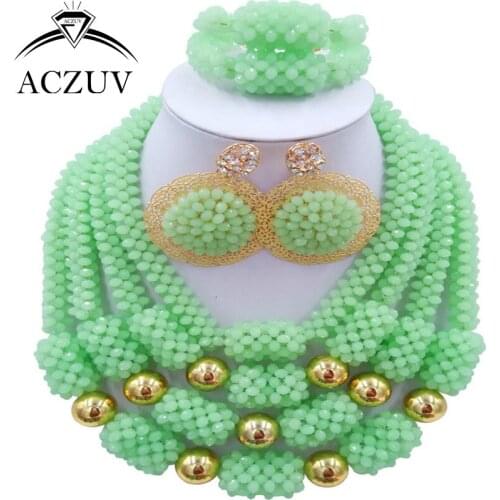 ACZUV Latest Wedding Accessories Bride Jewelry Set Mint Green Crystal African Beads Nigerian Necklace D4R020