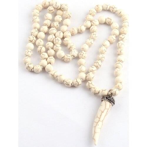 Free Shipping Fashion Bohemian Tribal Jewelry White Stone Knotted White Ox Horn Pendant Necklaces For Women Ethnic Necklace