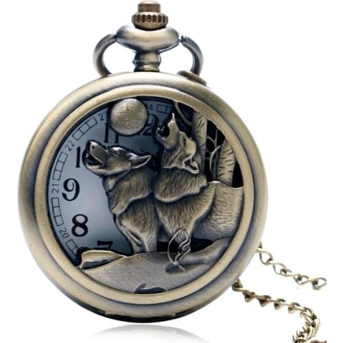 Bronze Double Wolf Moon Quartz Pocket Watch Necklace Chain Awesome Retro Pendant Men Women Modern Hollow Cool Hot Fashion Gift