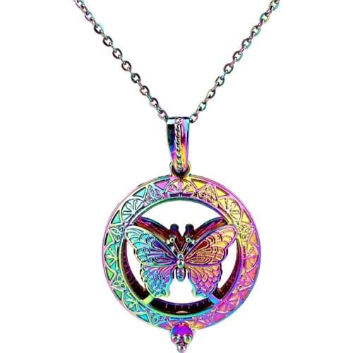 C830 Rainbow Color Butterfly Cage Pendant Locket Aroma Essential Oil Diffuser Locket Necklace