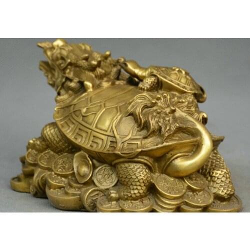 Chinese fengshui old Bronze dragon turtle animal tortoise money yuanbao Statue