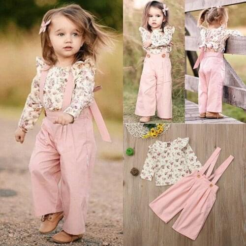 Toddler Kids Baby Girl 9M-5T Floral Tops Bib Strap Overalls Pants 2Pcs Outfits Clothes
