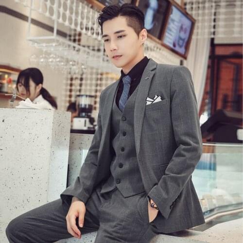 Men Wedding Dress Suits For Man 3 Pieces Fit Suits Blazers Jackets+Pants+Vest High Quality Plaid Suits Male Formal Wear Suits