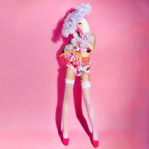 New Nightclub Female Singer Stage Performance Costumes White Lace Pink Clothes Modern Jazz Pole Dance Festival Clothing DWY6086