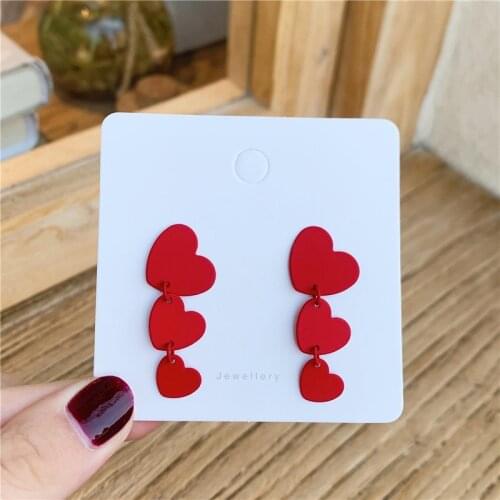 Red Color Multilayer Heart Drop Earrings for Girl Women Sweet Celebration Birthday Fashion Gifts Party Long Korean Jewelry