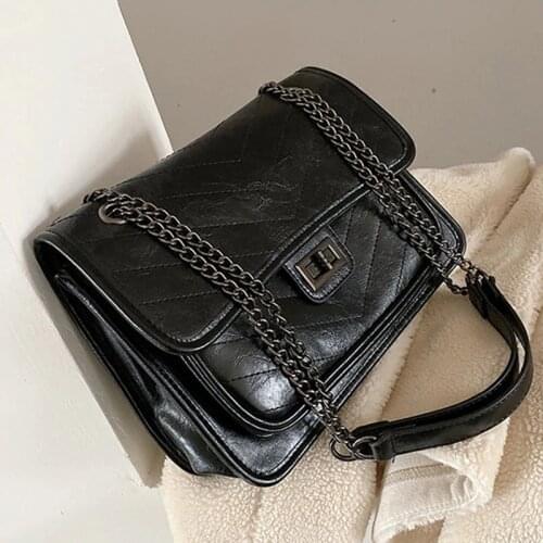 Fashion Black PU Leather Bags Shoulder Bag Women Casual Chain Stylish Handbag
