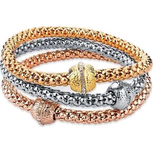 Fashion 3Pcs Chain Crystal Bracelet Women With Round Pendant Vintage Elastic Charm Bracelet Gold Silver Filled Bangles Jewelry