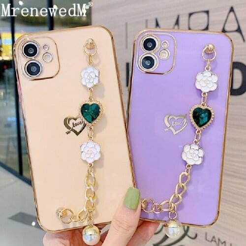 Plating Wrist Bracelet Chain Soft Phone Case For iPhone 12 11 Pro X Xr Xs Max SE2 7 8 Plus Luxury Heart Bumper Shockproof Covers