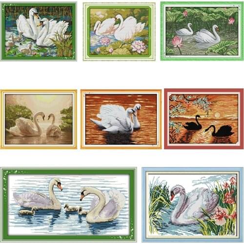 Joy Sunday Counted Cross Stitch Kit Swans Swimming Patterns Printed Canvas 11CT 14CT Stamped Cotton Fabric Needlework Embroidery
