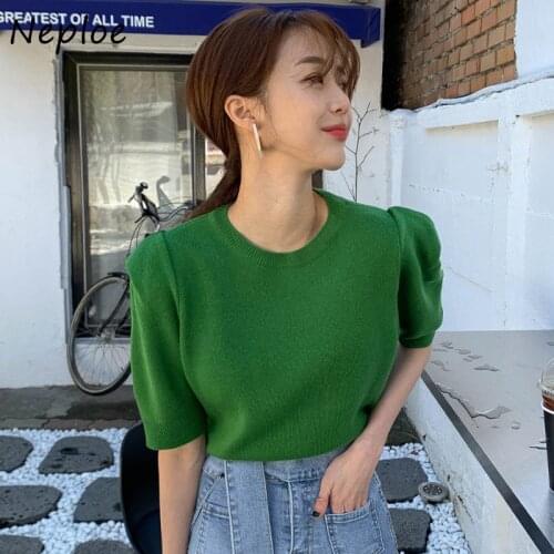 Neploe 2021 New Arrivals Solid Summer Knitted T-Shirt Ladies O-neck Puff Sleeve Female Tops Fashion Chic Sweet Women Tees 1F202