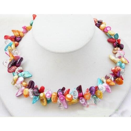 Baroque Pearl Necklace 2 Rows Red Yellow Blue Biwa Real Freshwater Pearl White Crystal Necklace Perfect Women Smart Jewelry