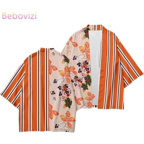Plus Size XS-6XL Orange Striped Beach Harajuku Japanese Sets Fashion Kimono Men Women Cardigan Haori Obi Asian Clothes Pant Suit