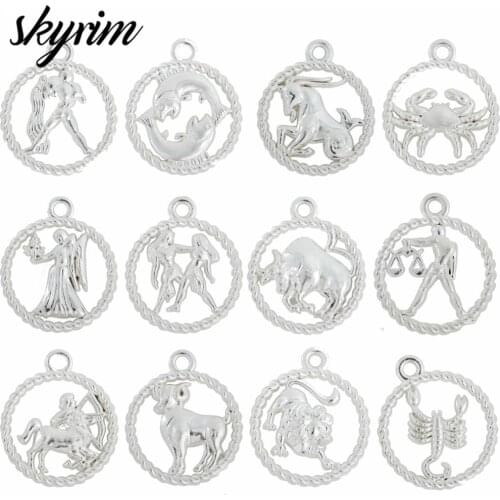Skyrim 12 Zodiac Sign Twelve Constellation Pendants Rhodium Plated Charms DIY Jewelry Aquarius Pisces Aries Taurus Gemini 10pcs