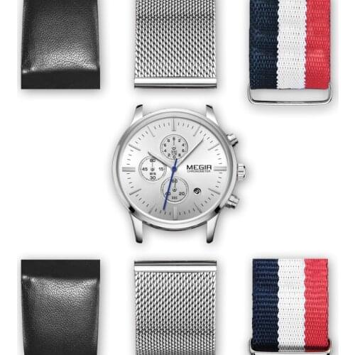 MEGIR Chronograph Sport Watch Men with 2 Extra Straps DIY Big Dial Quartz Men Watches Clock Relogio Masculino Erkek Kol Saati