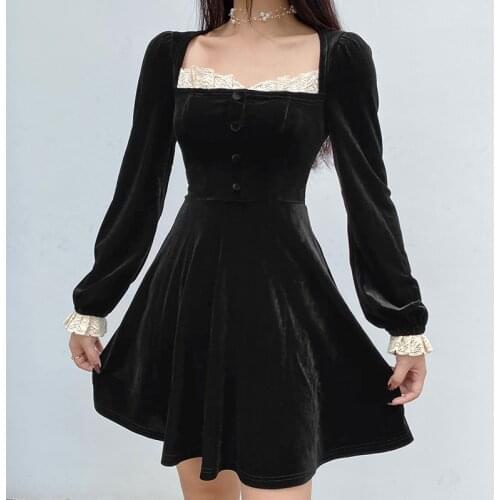 Vintage Elegant Square Collar Velour Black Dress Fashion Lace Trim Autumn Winter Party Dress Female Long Sleeve Slim
