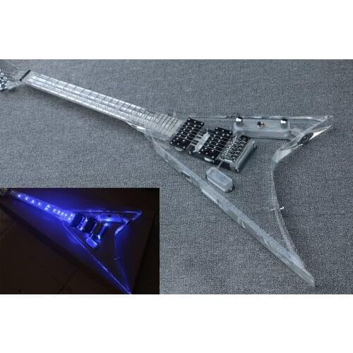 High quality Acrylic V-flying Electric guitar transparent acrylic Body&Head, Body with led light,free shipping